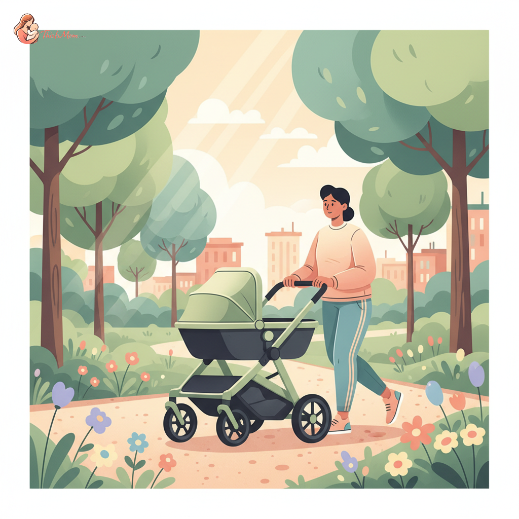 Parent pushing a Thule Urban Glide 2 stroller with a baby in it, smoothly navigating a gravel path in a sunny city park with trees and greenery in the background, demonstrating its ability to handle uneven surfaces.