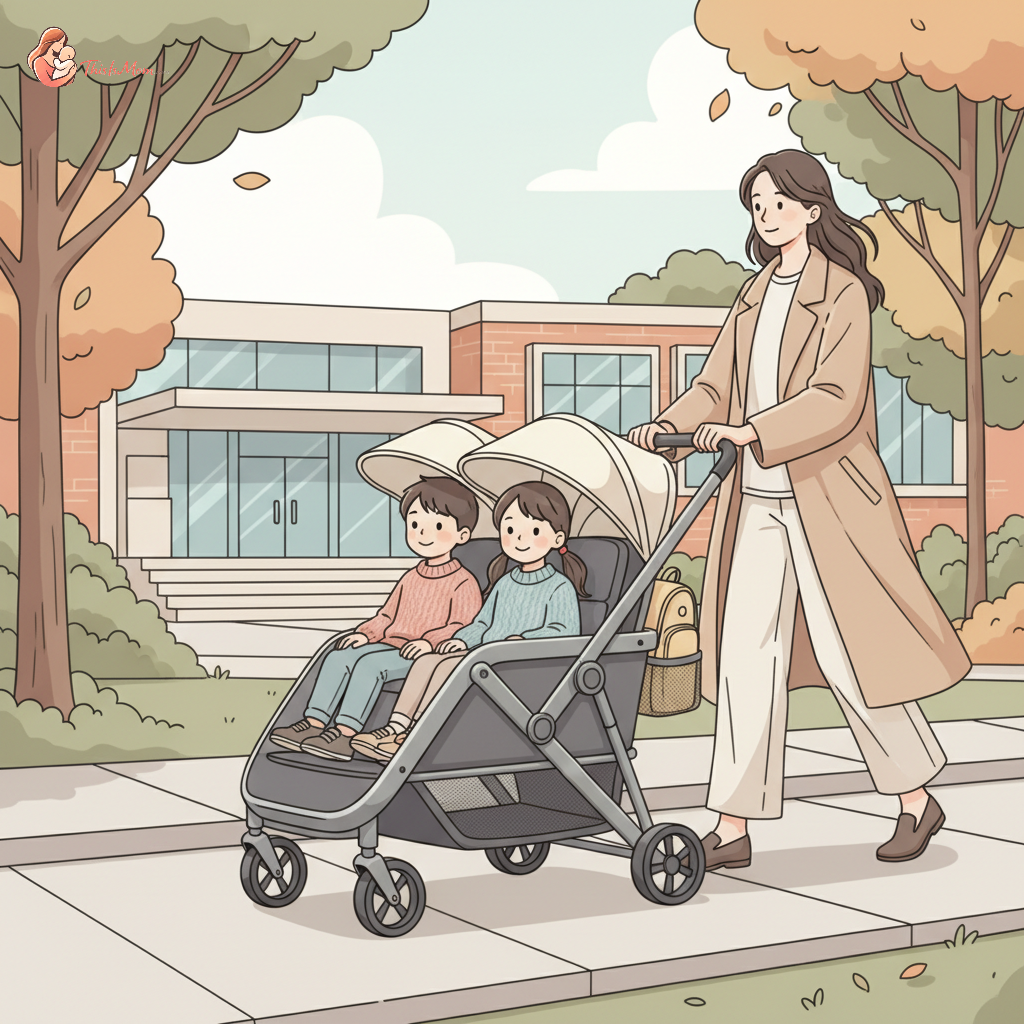 A family leaving a school in a modern stroller wagon with two children, backpacks, and an adult pushing. The wagon is sleek and functional, set against a bright, active school drop-off scene.