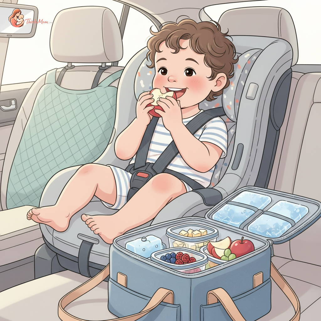 Happy toddler in a car seat enjoying a healthy snack, with a cooler bag and various finger foods visible.