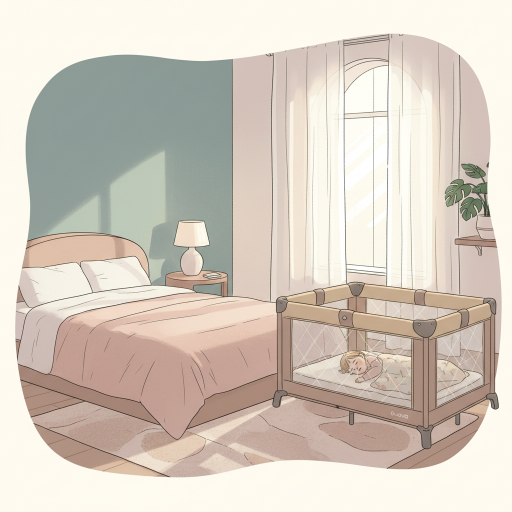 Guava Lotus Travel Crib set up in a compact hotel room corner, with a sleeping toddler inside, soft dim light, signifying peaceful sleep in a shared space.
