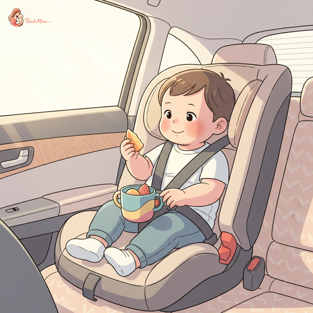 Happy 1-year-old toddler in a car seat reaching for a small piece of fruit in a snack cup, while parents smile in the front seats during a sunny road trip.