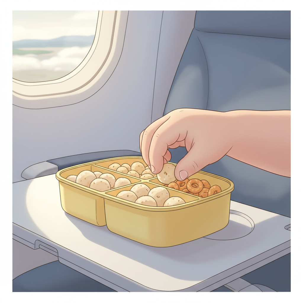 A close-up of a toddler's busy hands picking up a piece of a dry cereal from a small, colorful snack container on an airplane tray table, with a blurred airplane window in the background.