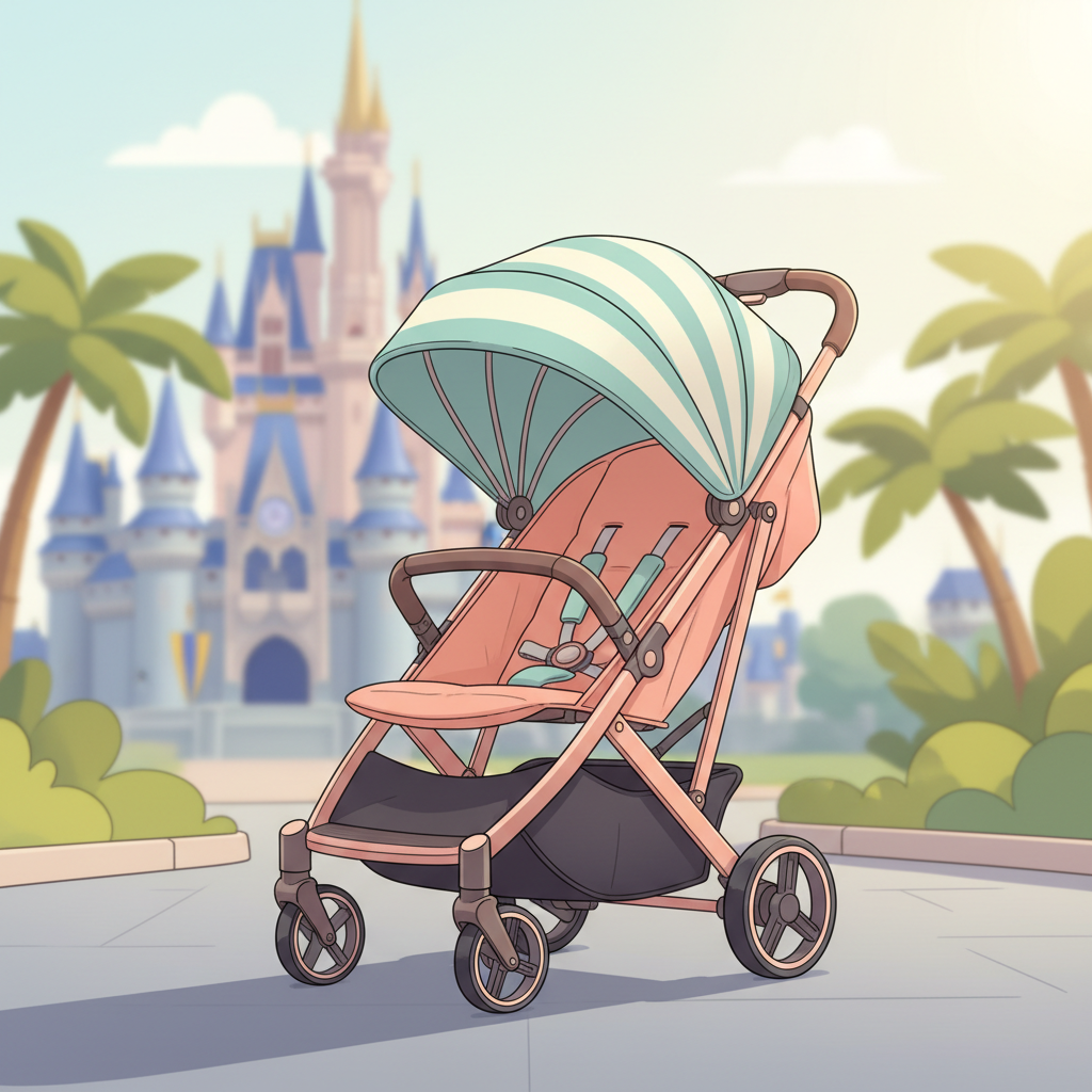A compact travel stroller with an extended sun canopy casting a large shadow, parked beside a colorful flower bed at Disney World, with a glimpse of Cinderella's Castle in the background. The stroller's under-seat basket is visible, filled with a small bag and a water bottle.