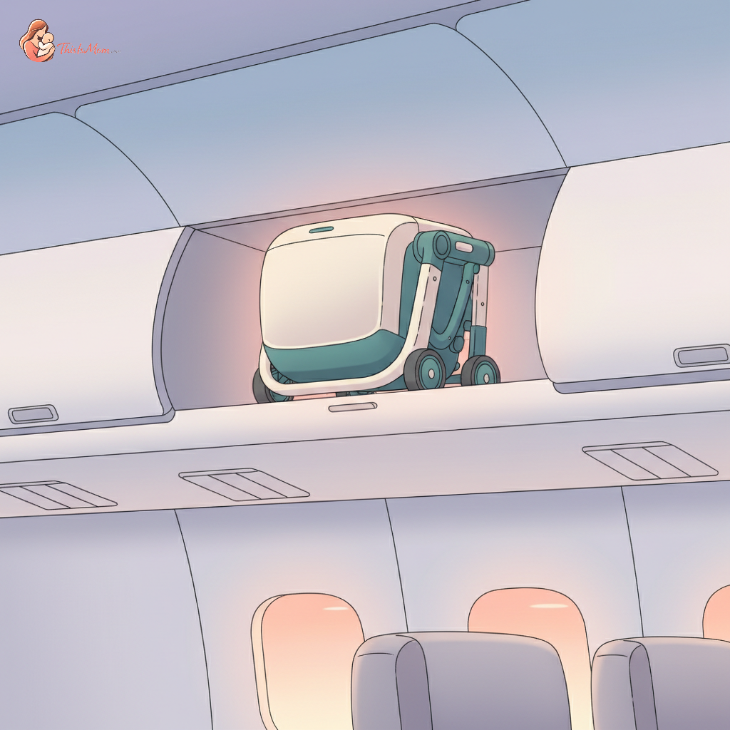 A compact, folded travel stroller placed inside an airplane overhead bin, with a United Airlines logo visible on the bin or a flight attendant in the background. The stroller is sleek and modern.