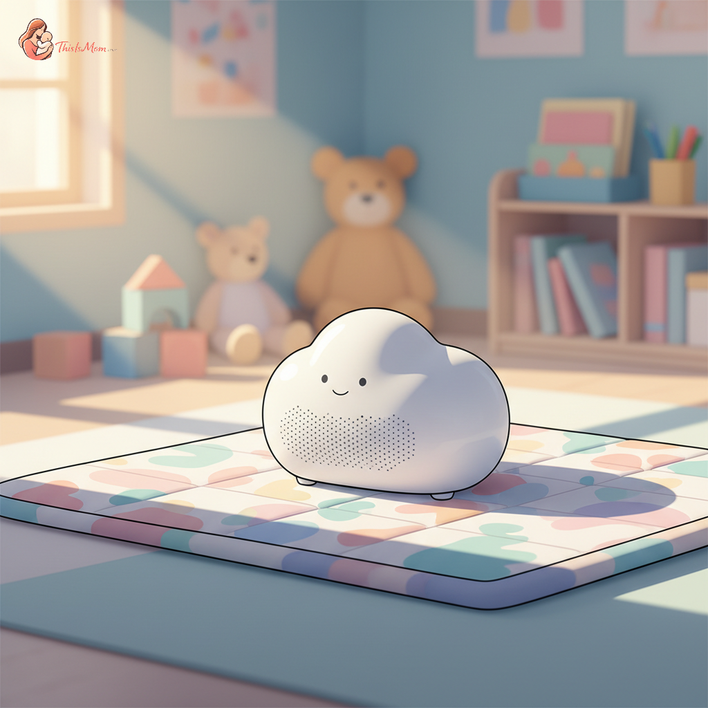 A compact, portable white noise machine sits on a colorful nap mat in a brightly lit daycare classroom ready for a toddler's nap.