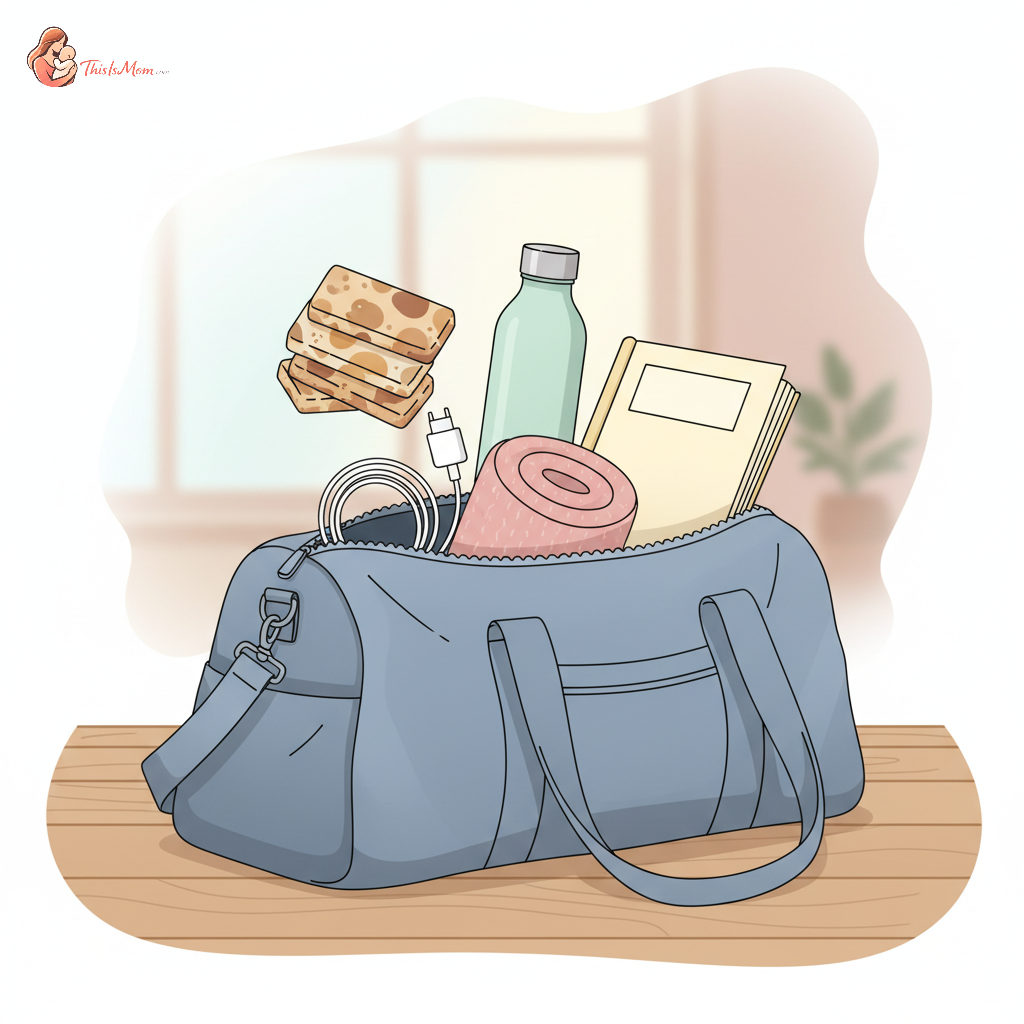 A packed duffel bag, a travel pillow, snacks, and a water bottle laid out on a clean surface, ready for a hospital trip.