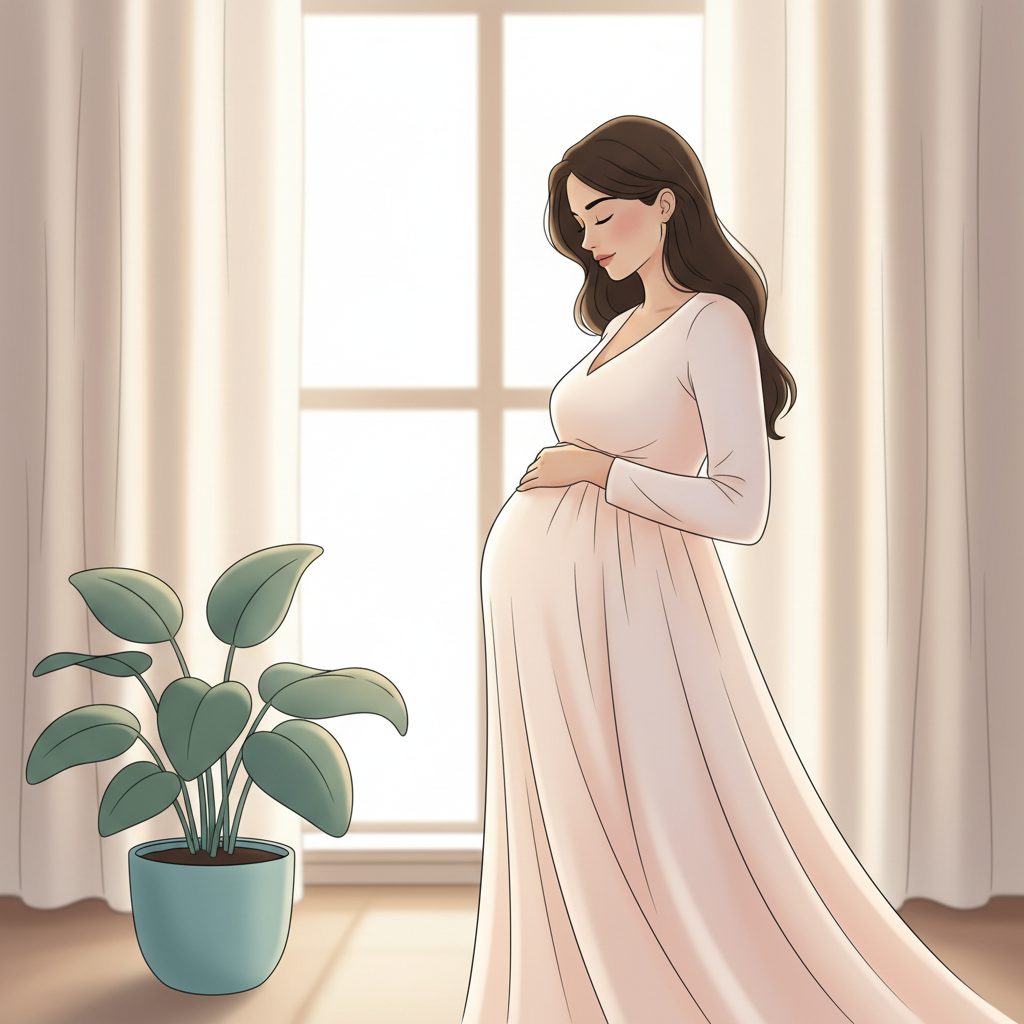 A pregnant woman, looking thoughtful and slightly concerned, gently touching her rounded belly, with soft light on her face, suggesting contemplation about bodily sensations.