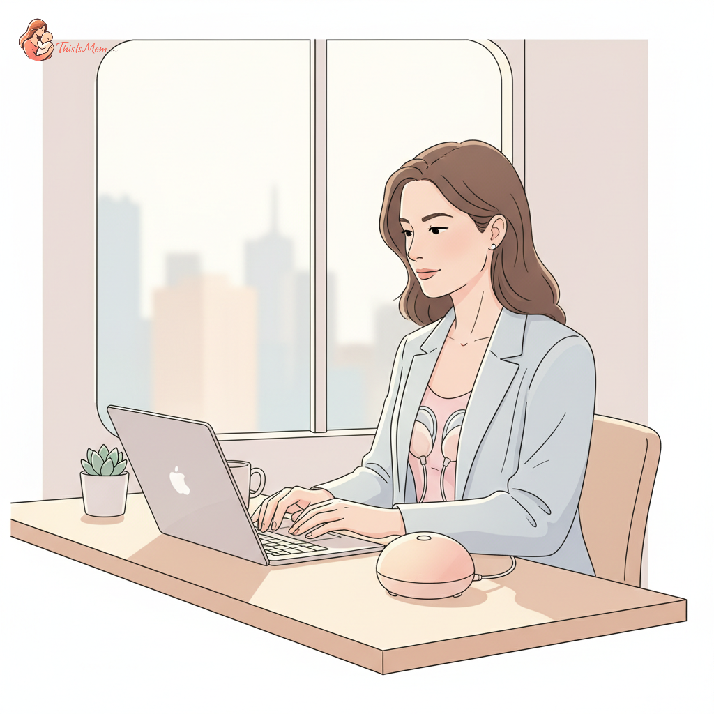 A working mother using a double breast pump at a clean, modern office desk, laptop open, with a determined yet calm expression. The pump is sleek and quiet.