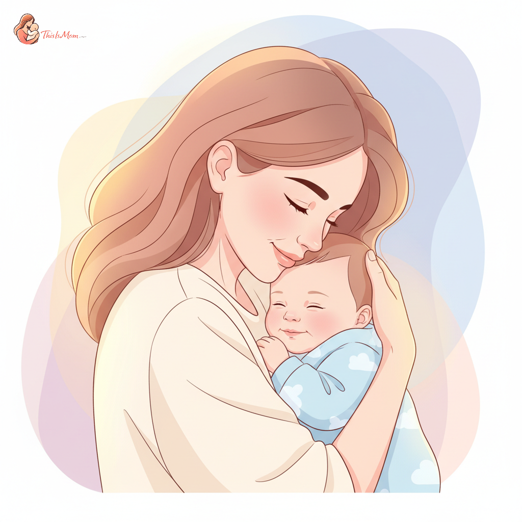 Close-up of a mother gently cradling her content baby to her chest, with soft, diffuse light highlighting their bond. The baby looks calm and well-fed, perhaps with a slight milk-drunk expression, and the mother has a reassured, loving gaze.