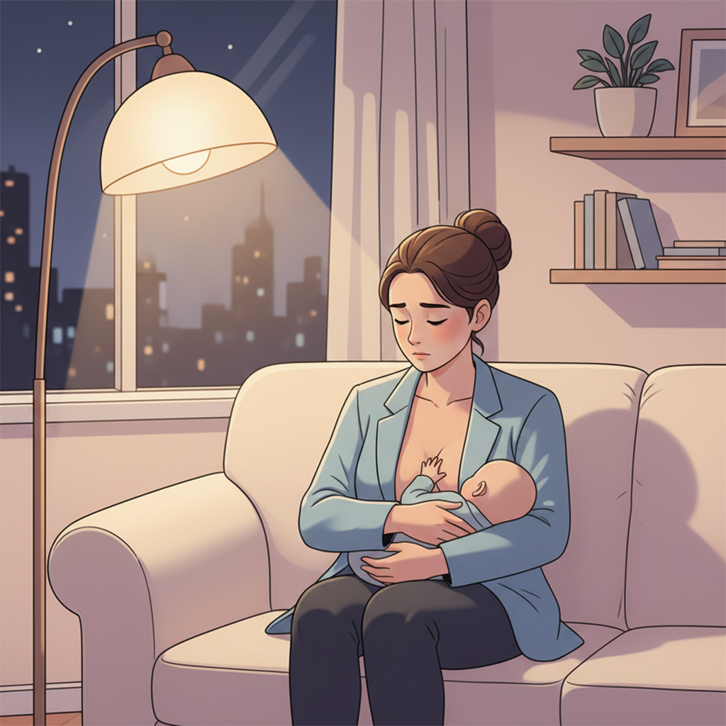 A mother looking tiredly at her baby latching onto her breast in the evening light.
