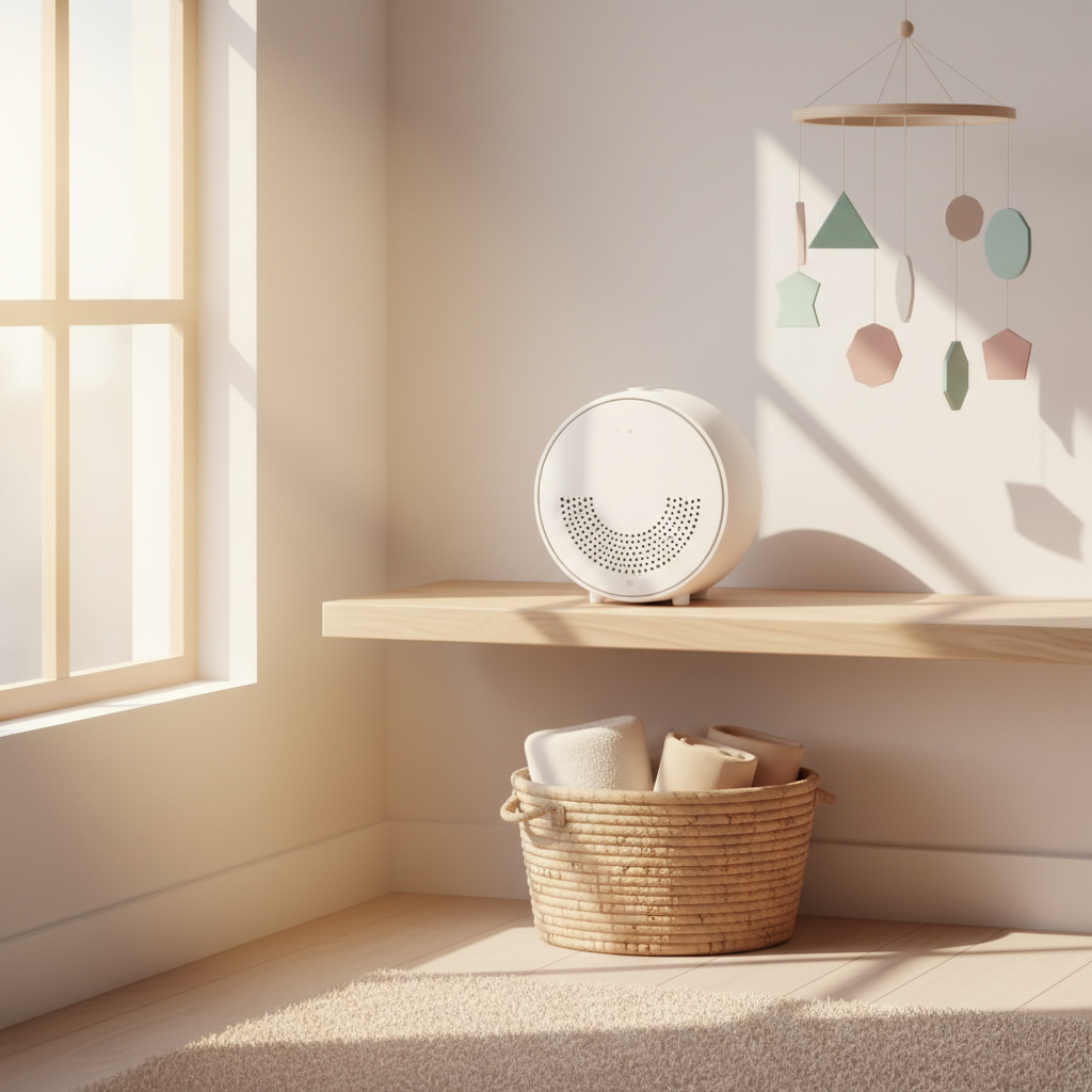 A close-up of a classic white noise machine with a fan on a wooden shelf in a softly lit nursery.
