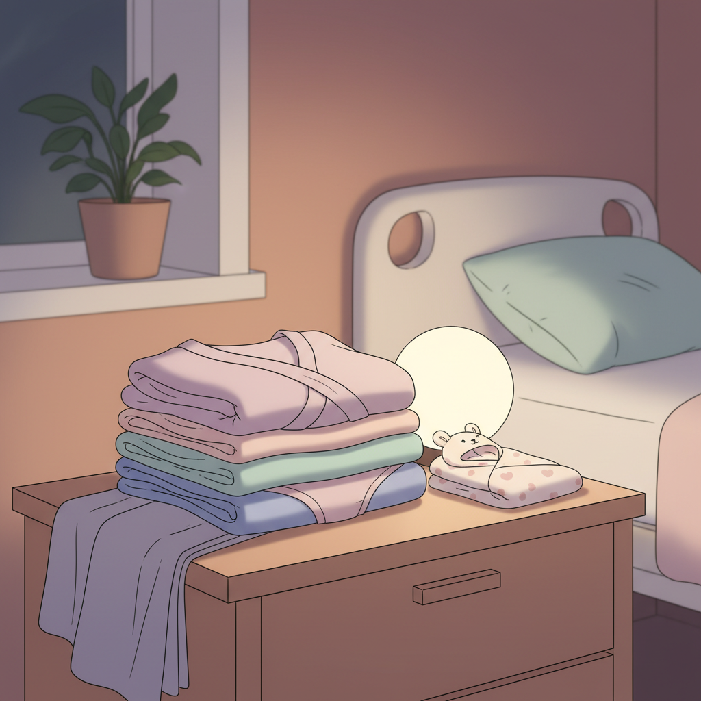 Pile of soft, comfortable maternity clothes and baby essentials next to a hospital bed.