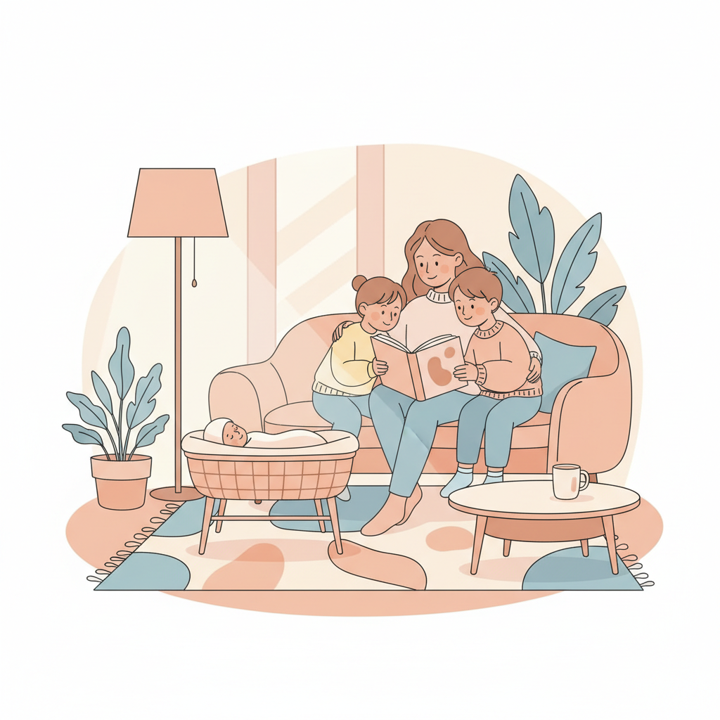A mother sitting on a couch, smiling and reading a book to her young child while a newborn baby sleeps in a bassinet nearby.