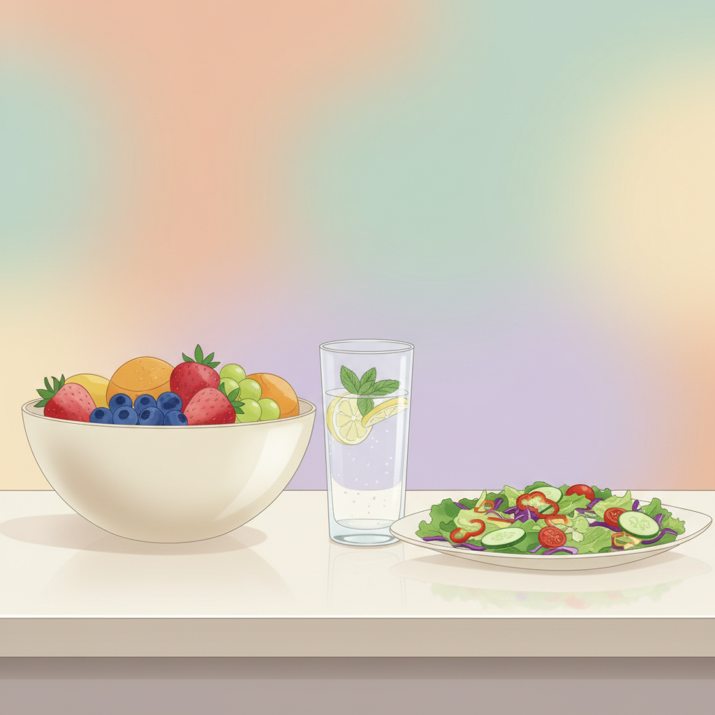 A well-lit kitchen counter with a bowl of fresh fruit, a glass of water with lemon, and a colorful salad.