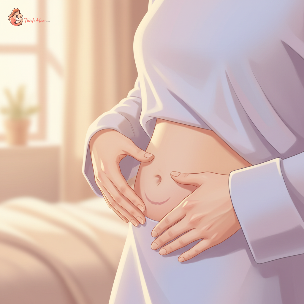 Close-up of a woman's hand gently massaging her lower abdomen over a C-section scar, illustrating self-care for nerve pain relief.