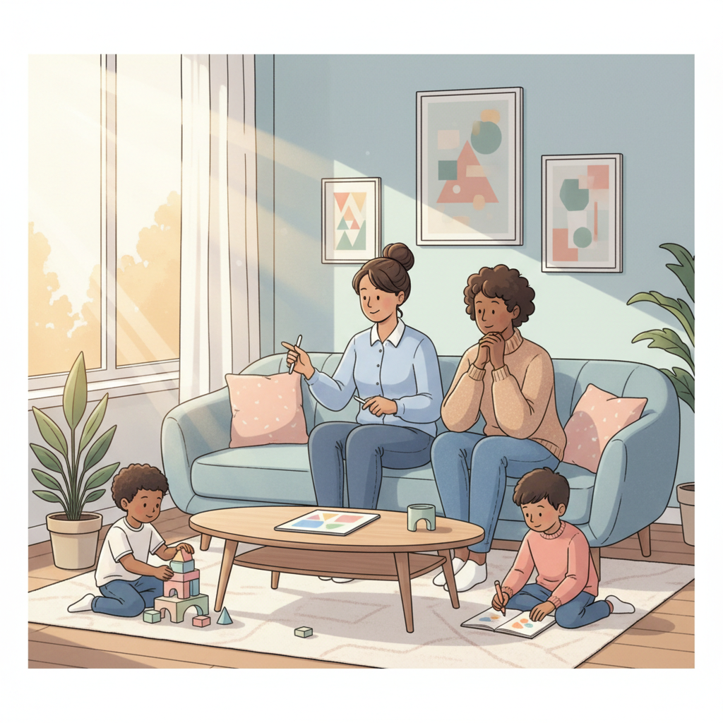 A diverse family - a stay-at-home parent, their working spouse, and two young children - sitting together on a comfortable sofa, reviewing financial documents and talking. The atmosphere is warm and secure, with a sense of shared planning.