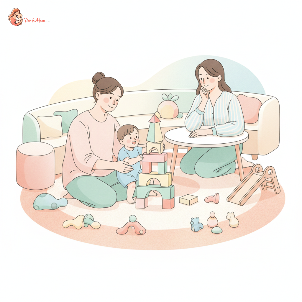 A parent and a young child playing with building blocks on a colorful rug, with a friendly therapist gently observing and interacting in a bright, child-friendly room, representing early intervention and speech therapy.