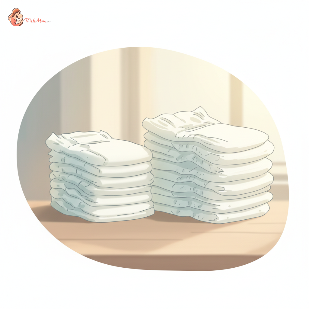 A baby wearing a clean diaper, surrounded by a stack of fresh diapers, with a blurred background suggesting a home or community setting in California. Emphasizes support and care.