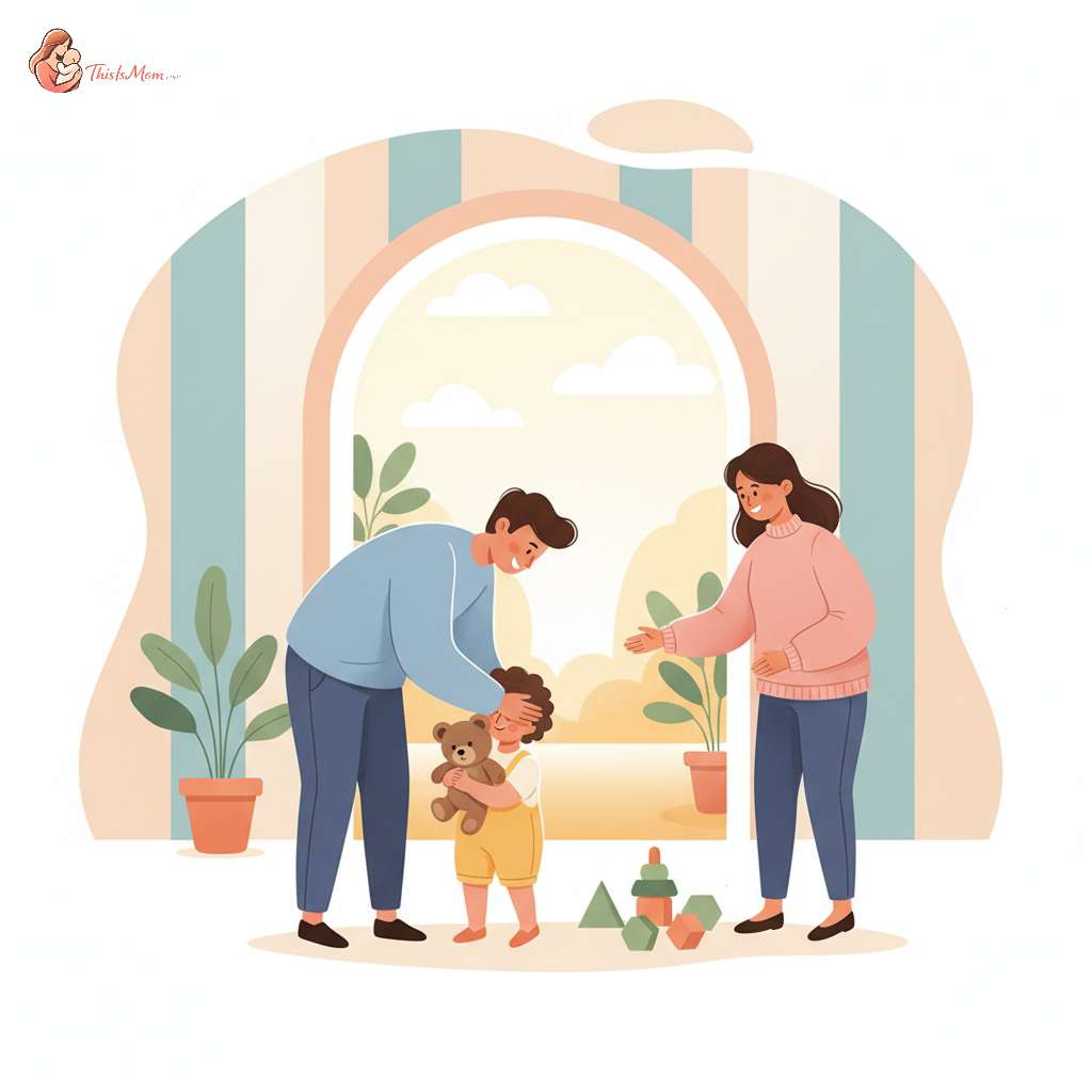 A parent giving a quick, reassuring hug to their toddler at a bright daycare entrance, with a friendly teacher smiling in the background. The toddler holds a small, comforting stuffed animal.