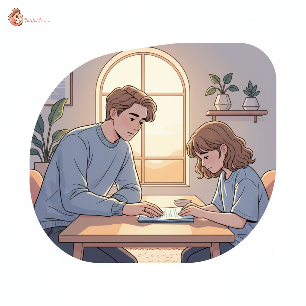 Parent looking concerned while discussing legal documents with a child who appears remorseful, emphasizing parental responsibility for children's actions.