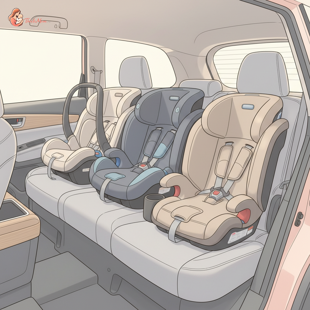 Three diverse car seats installed snugly side-by-side in the second row of a Subaru Ascent SUV, viewed from the open passenger door. The car seats vary in color and type (infant, convertible, booster), demonstrating a successful three-across configuration.