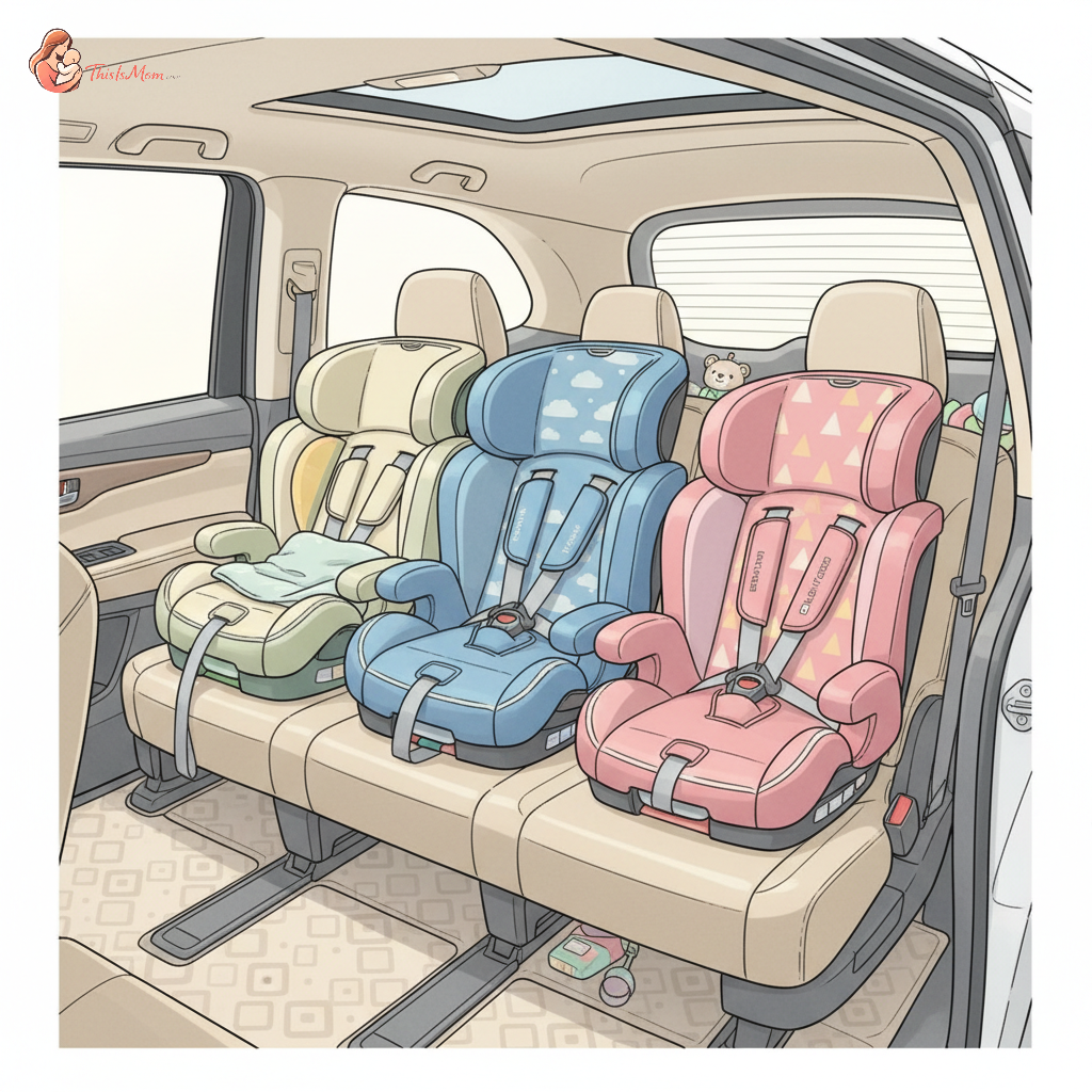 Three car seats installed side-by-side in the second row of a Honda Odyssey minivan, showcasing a successful 3-across configuration.