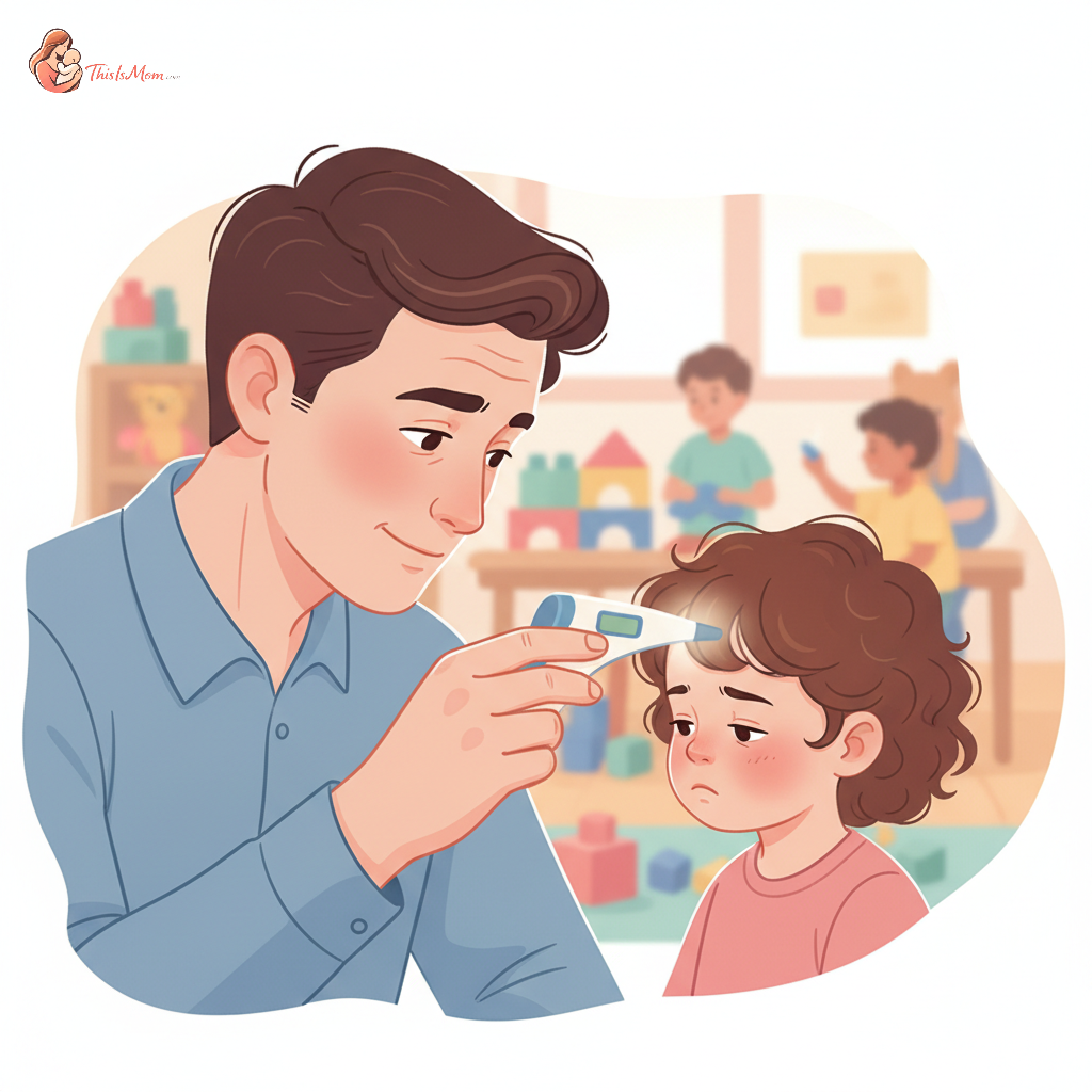 A sad-looking young child with a slightly feverish face, tucked comfortably in bed with a teddy bear, while a parent gently touches their forehead, suggesting illness and care.