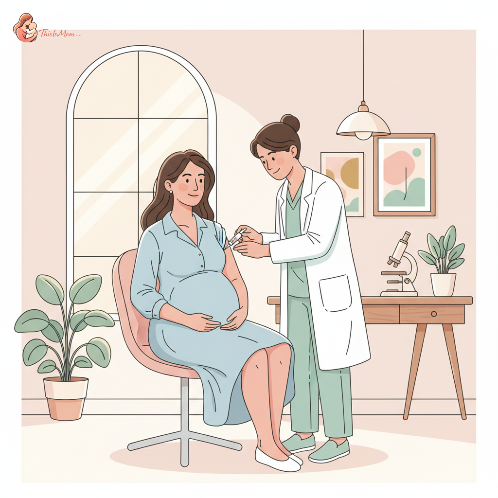 Pregnant woman receiving a flu shot from a healthcare professional, with a gentle and reassuring expression.