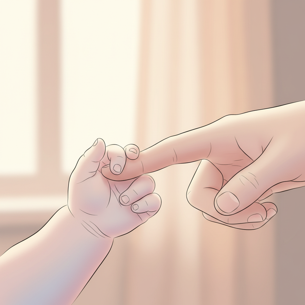A close-up shot of a baby's hand gently grasping an adult's finger, conveying care and protection during a time of potential scarcity.