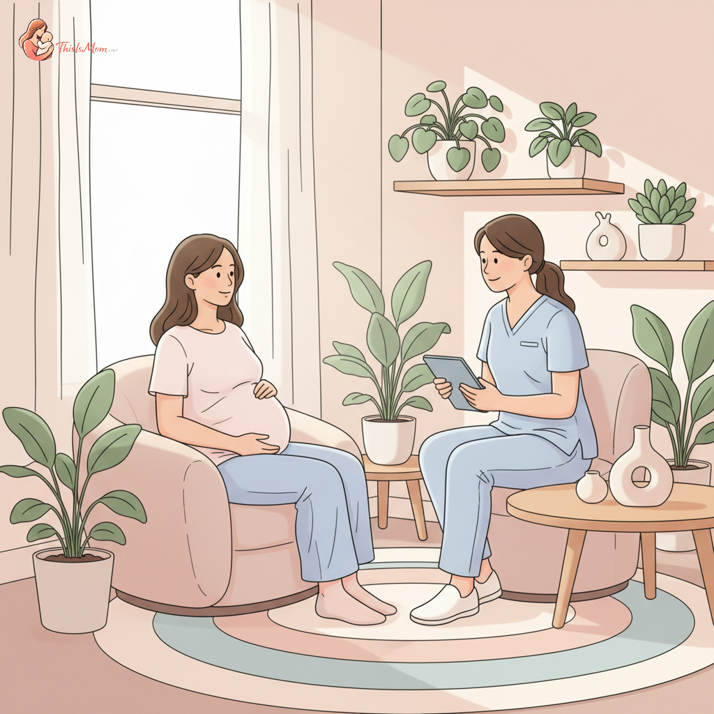 A pregnant woman smiling and conversing with a Certified Nurse Midwife during a prenatal appointment in a comfortably lit clinic.