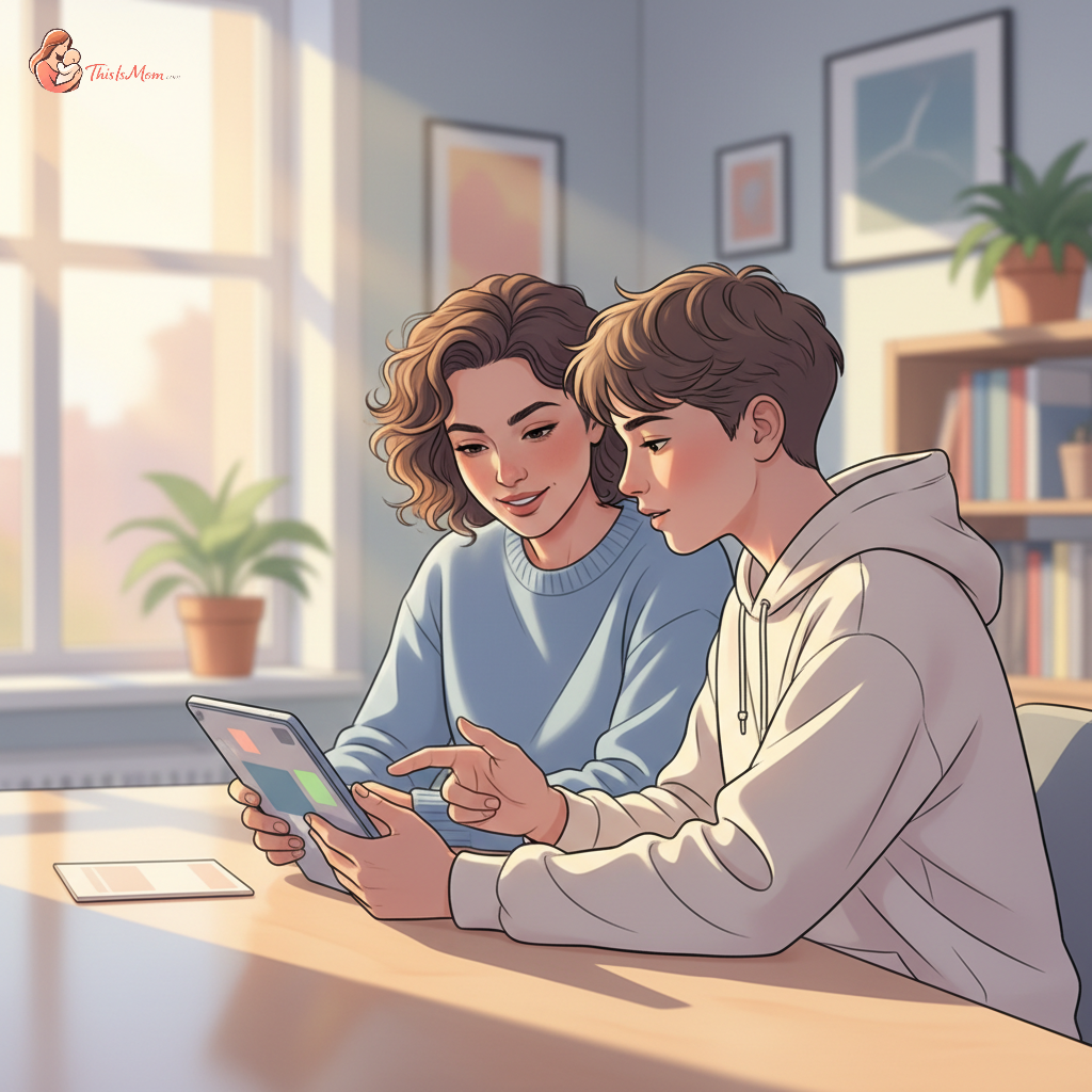 Parent and teenager looking at a tablet screen together, displaying a chat interface with AI responses, symbolizing responsible tech use and guidance.