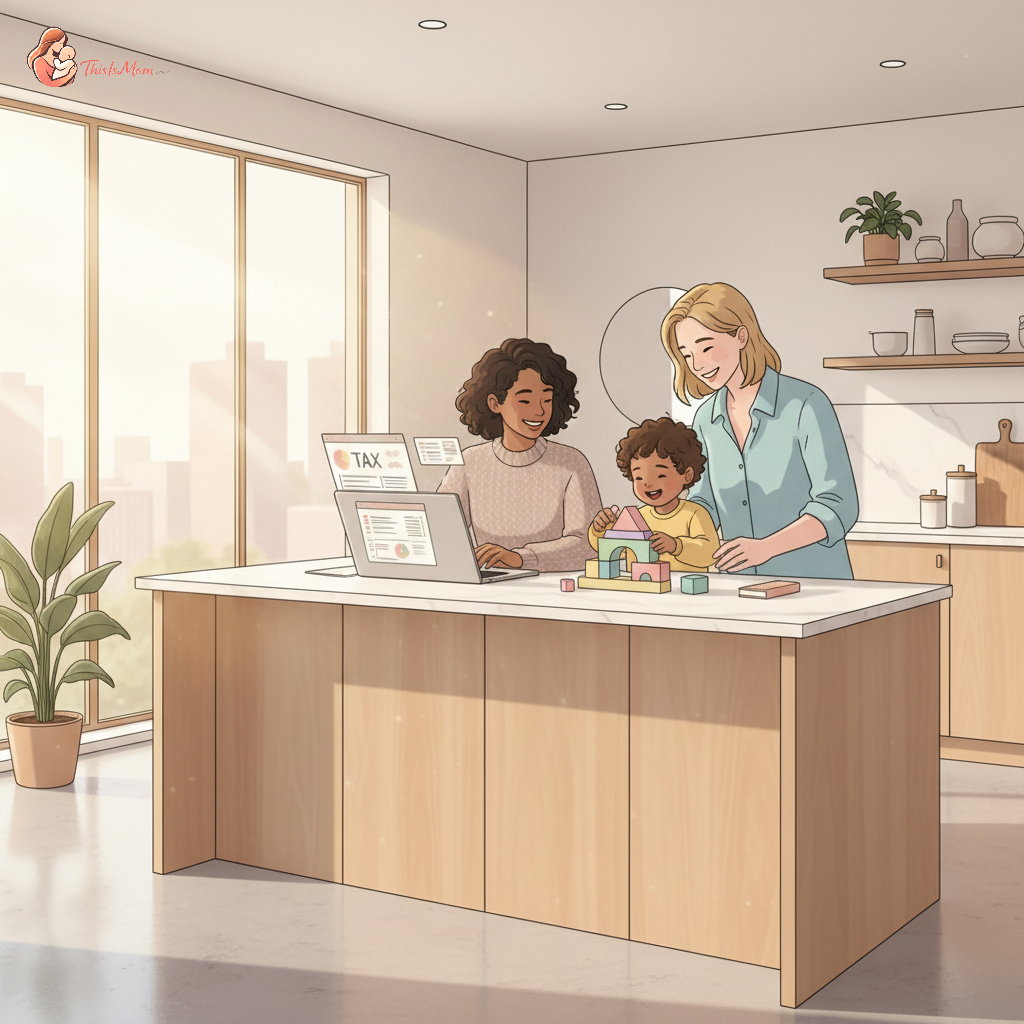 Family looking at a laptop with a child playing nearby, representing childcare costs and tax planning.