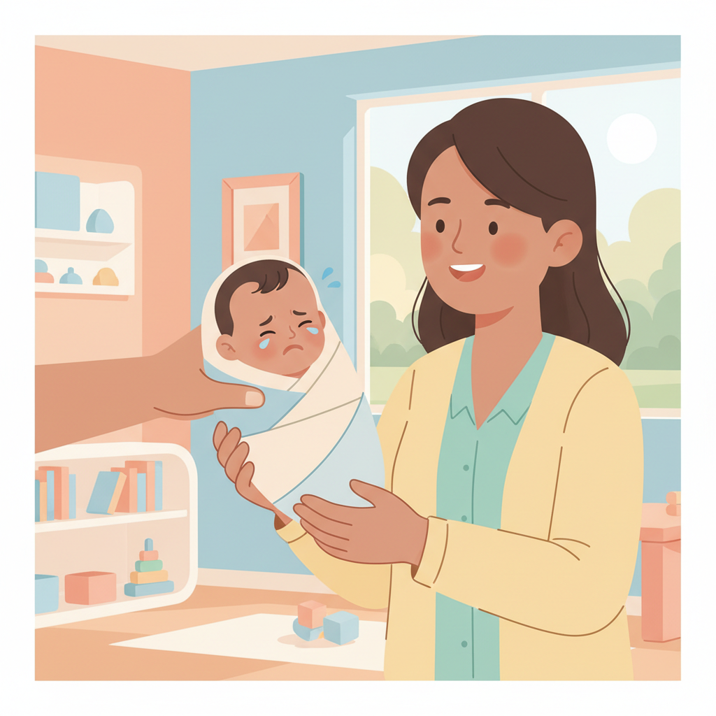 Parent gently handing a distressed baby to a smiling daycare teacher at a daycare entrance.