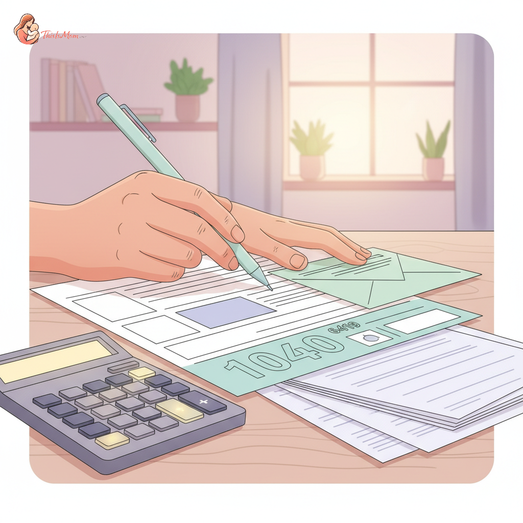 A parent looking thoughtfully at tax forms and a calculator on a desk, with a child's drawing visible in the background, representing family finances.