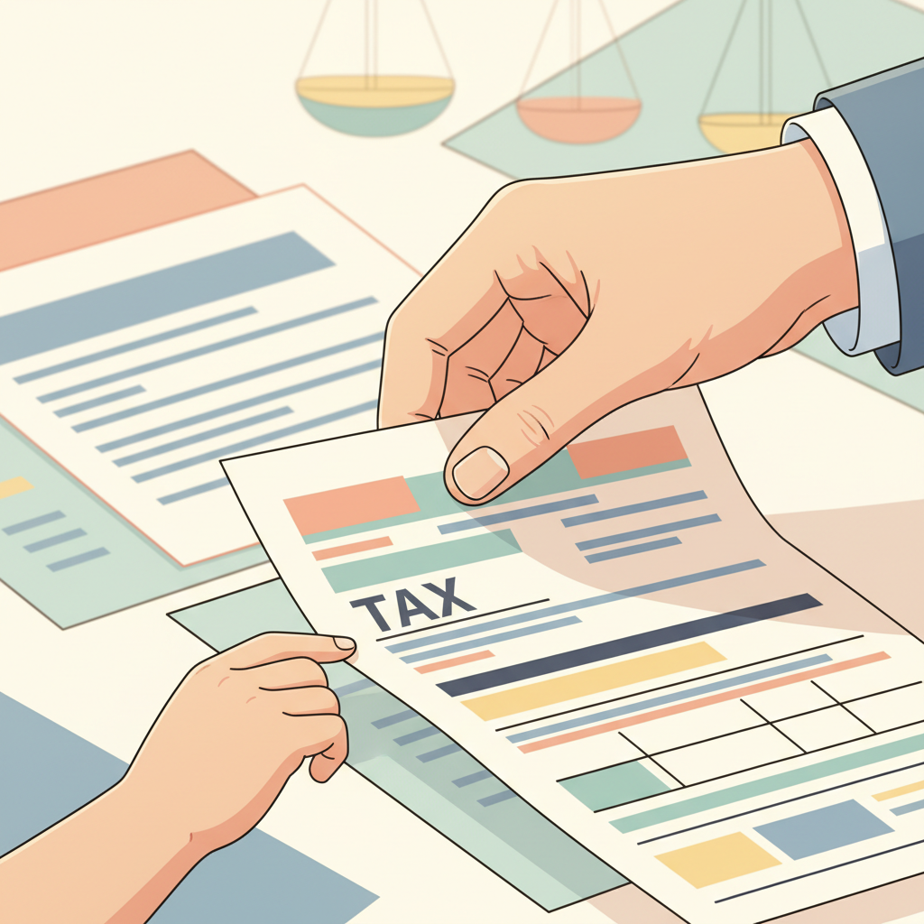 Two hands, one belonging to a parent and one to a child, are gently holding a document that appears to be tax-related, with a blur of custody paperwork in the background, symbolizing shared responsibility and legal agreements.