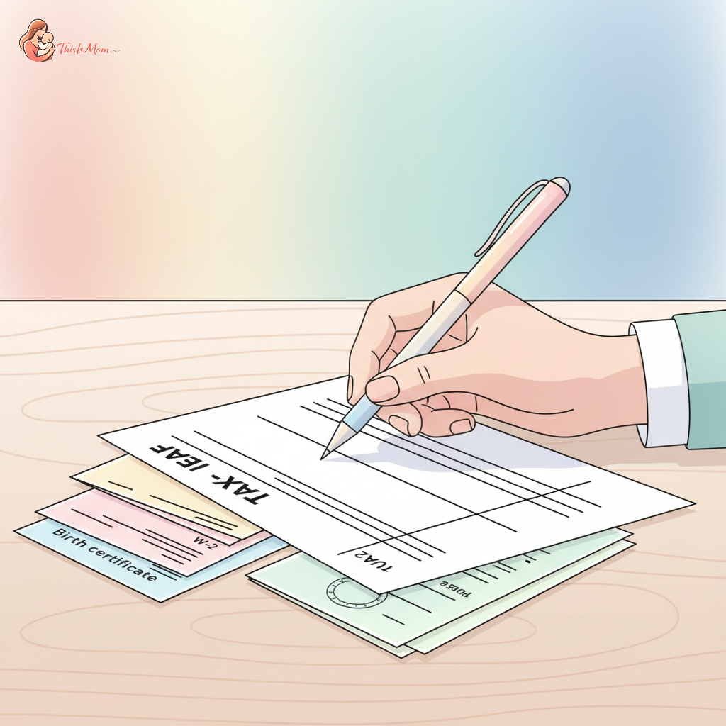 A close-up of a hand holding a pen, poised over tax forms with a focused expression, surrounded by a stack of organized documents like W-2s and birth certificates. The scene is clean and well-lit, emphasizing organization and clarity.