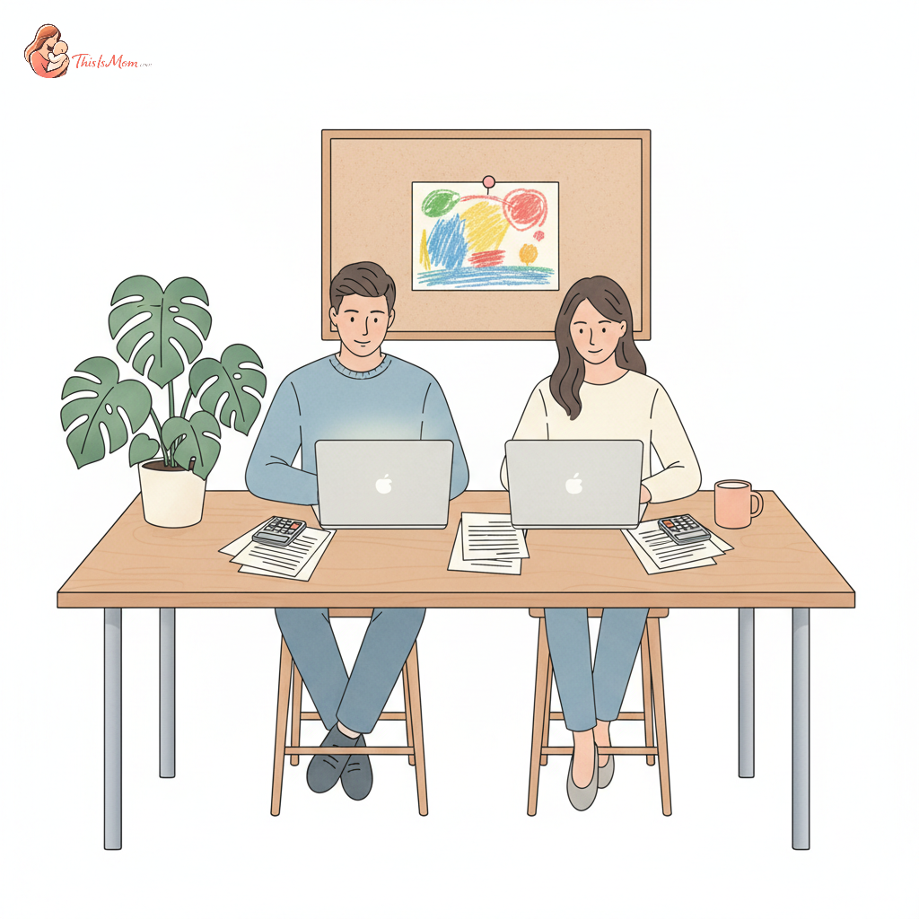 Two parents reviewing tax documents at a kitchen table, with a child's school artwork visible in the background, representing shared custody and financial planning.