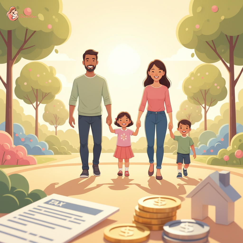 A family holding hands and smiling, with a subtle overlay of tax documents or coins, symbolizing financial support.