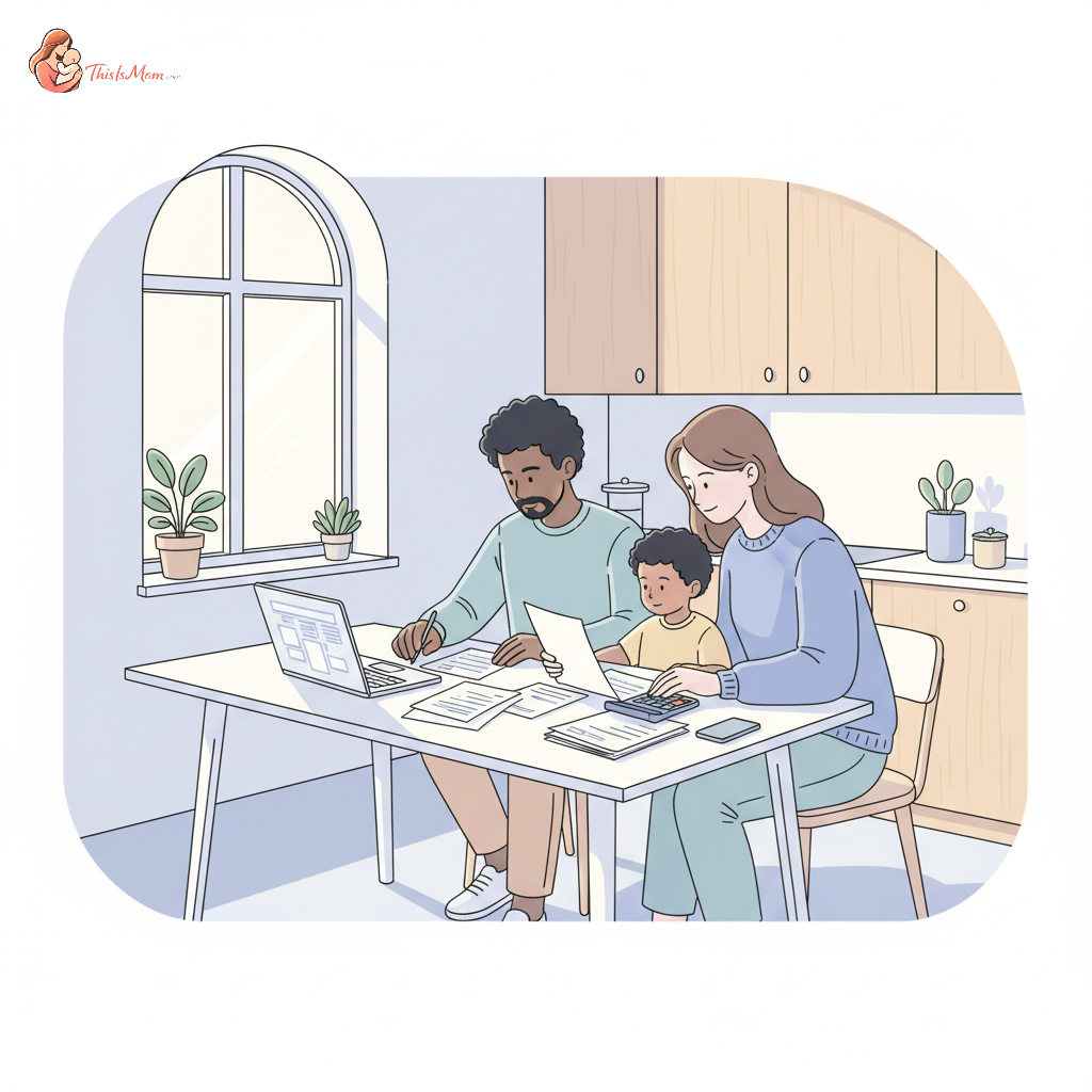 A family looking at financial documents with a laptop, calculator, and pens on a table, representing managing finances and tax planning.