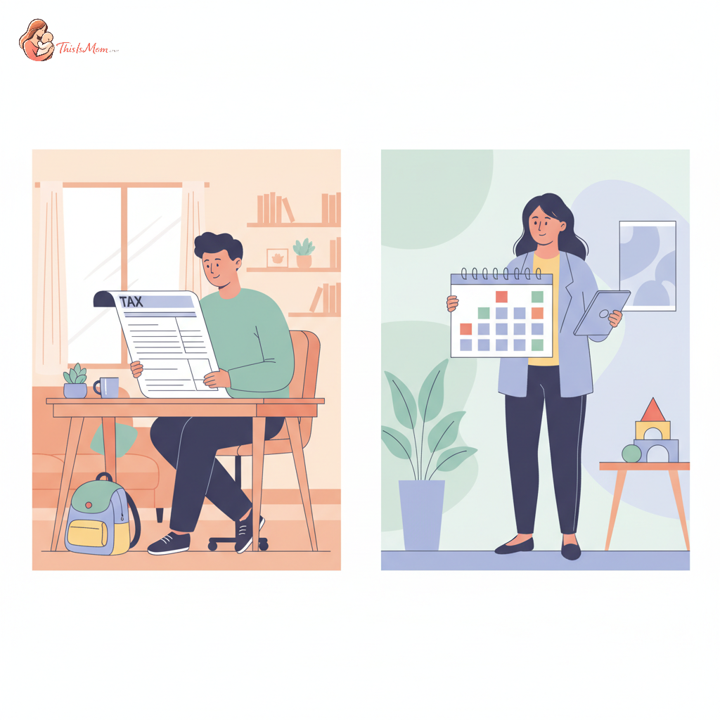 Two parents reviewing tax documents and a calendar at a kitchen table, with a child's drawing visible in the background, symbolizing shared custody and financial planning.