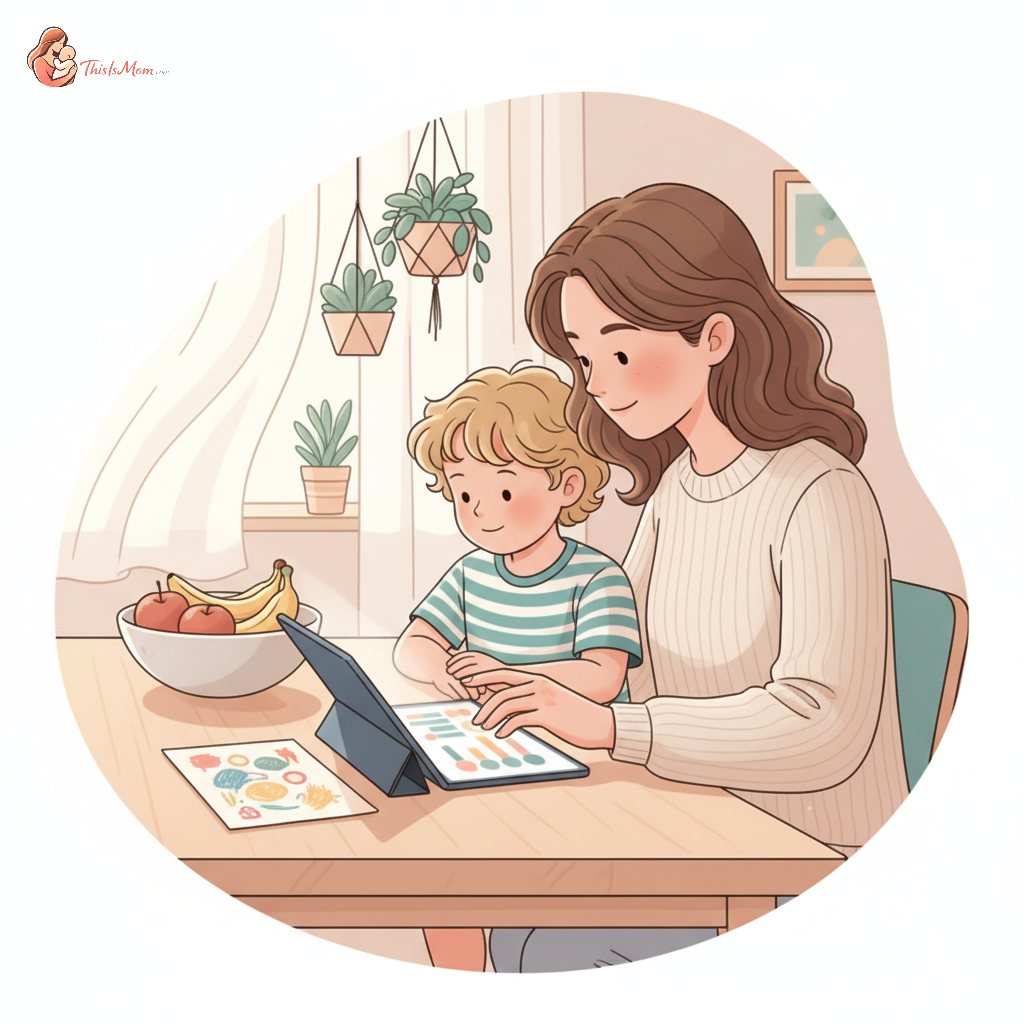 A single parent with a child, looking thoughtfully at a budget spreadsheet or a tablet with financial data, surrounded by everyday household items, conveying financial planning.