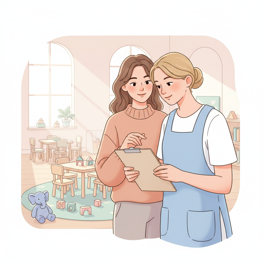 Parent discussing a clipboard with childcare provider in a bright, clean room.