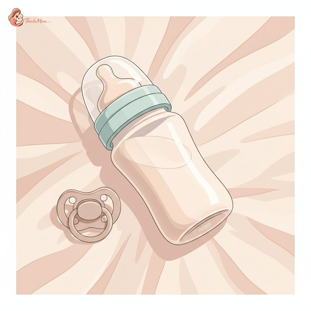 A baby bottle filled with hypoallergenic formula, with a pacifier lying nearby on a soft, light-colored blanket. The background is slightly blurred with gentle, warm tones, suggesting comfort and care.