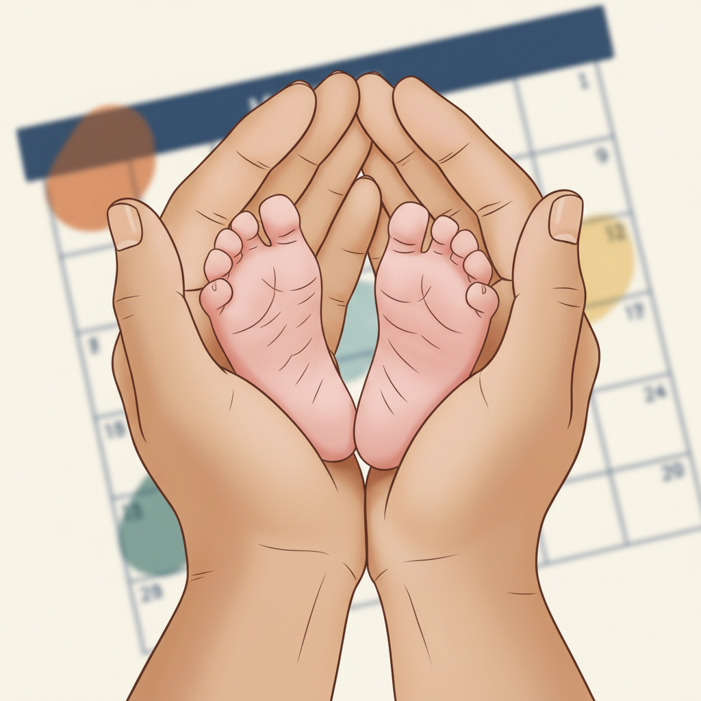 Happy parents holding their newborn baby, with a subtle calendar in the background showing a late-year month like November or December, implying a recent birth close to tax season