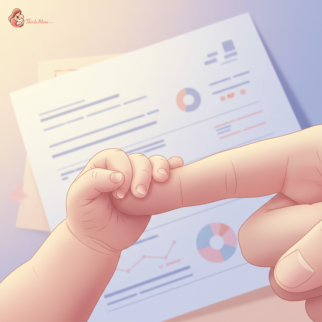 Close-up of a baby's tiny hand holding an adult's finger, with a blurred US tax form in the background.