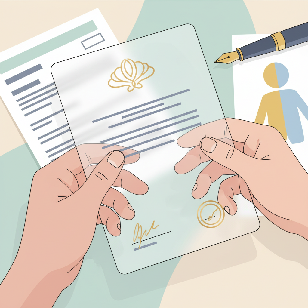 Two parents, smiling, shaking hands over a shared custody agreement document with a child tax credit form on a table, symbolizing cooperation and financial planning for their child's future.