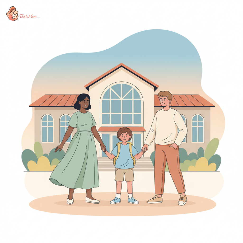 Two parents, one man and one woman, with their child between them, standing in front of a school building with backpacks, looking ready for school.