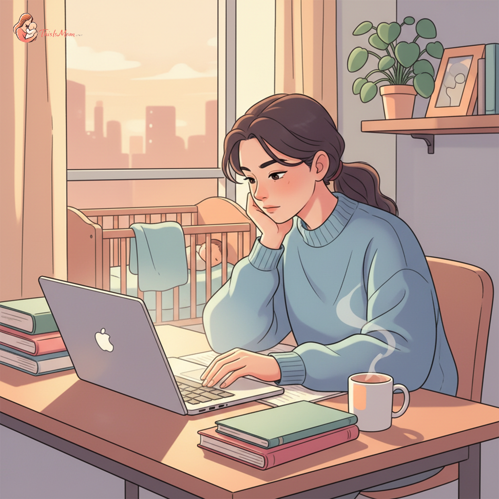 A student parent studying at a desk with a laptop, while a child is asleep in a crib in the soft background. Books, coffee, and a backpack are nearby, indicating a busy but determined atmosphere.