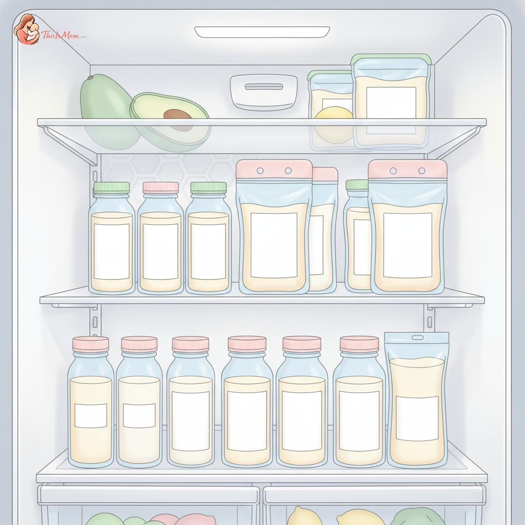Multiple labeled breast milk storage bags and bottles neatly arranged in a refrigerator, showing different pumping sessions consolidated into larger containers.