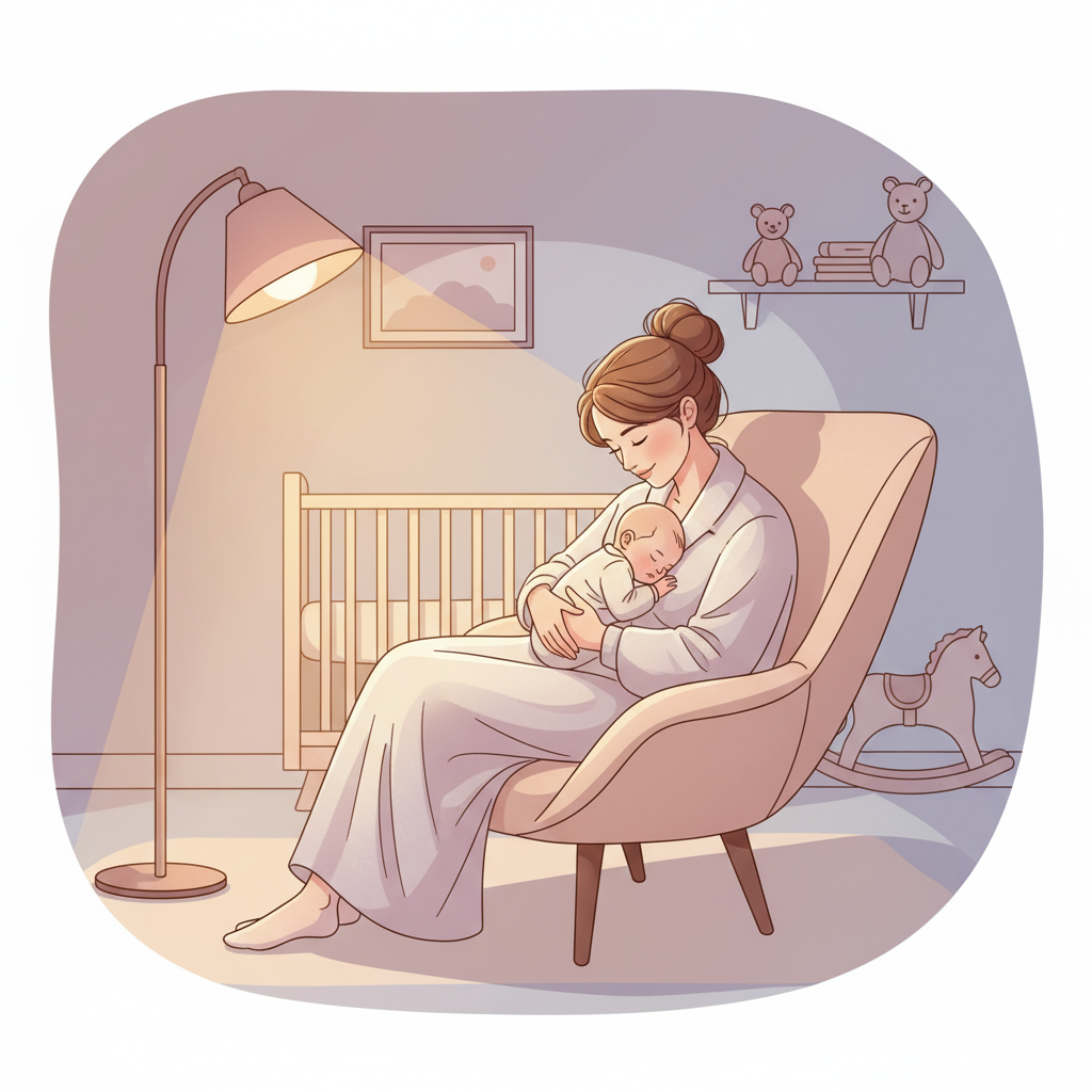 A tired but loving mother gently holding her newborn baby close, with a soft, warm glow and a comfortable blanket.